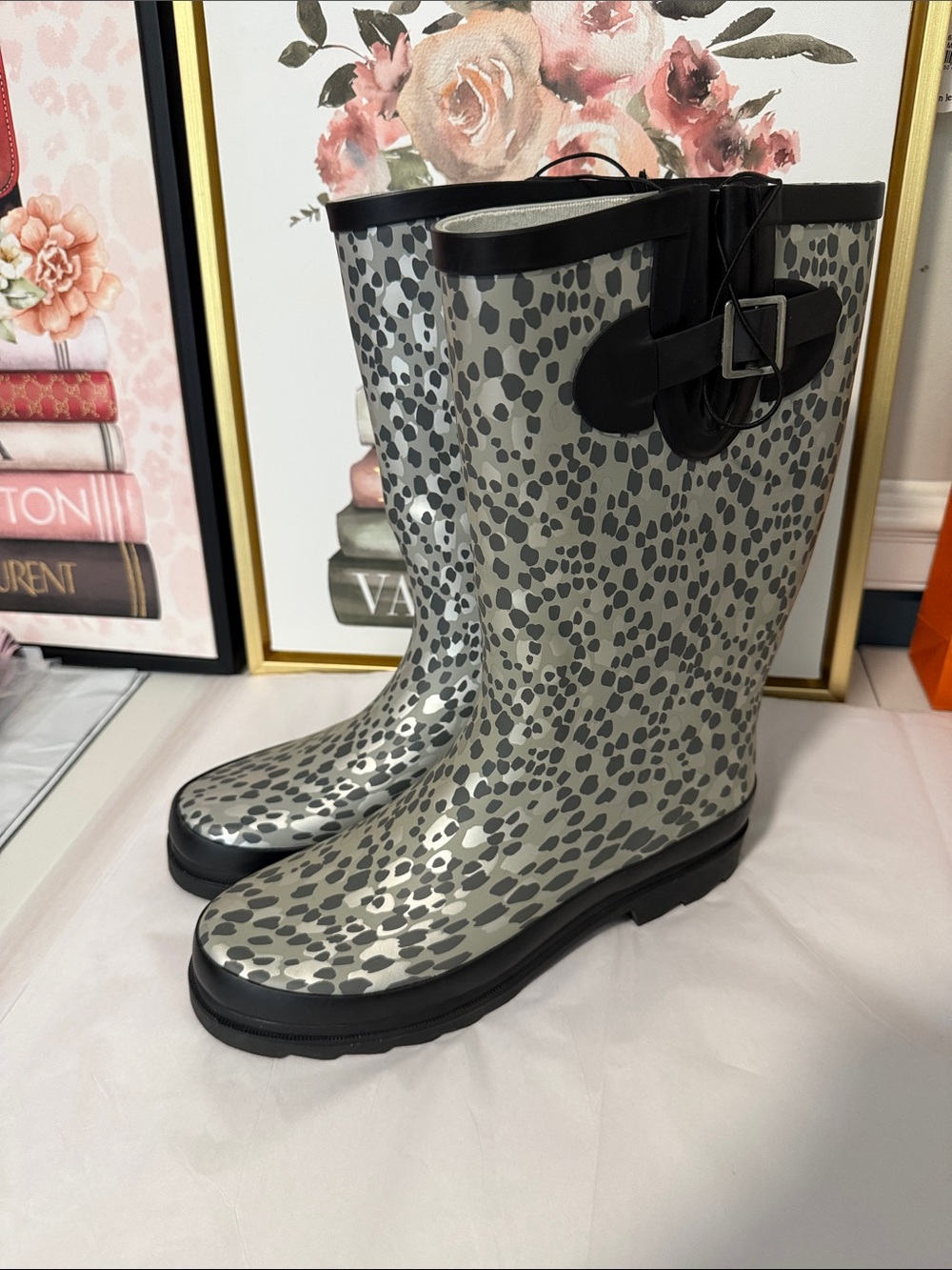 Magellan Outdoors Gray Leopard-Print Rain Boots with Buckle